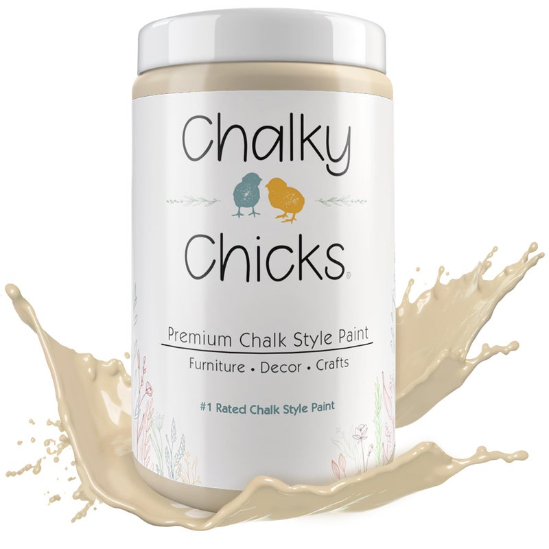 Chalky Chicks دهان الطباشير الشامل للدجاج - 32 أونصة سائلة - تشطيب غير لامع بلون كابا لاتيه تان للأثاث المعدني والخشبي - لا حاجة للصنفرة - شامل لتزيين المنزل والحرف اليدوية، صنع في الولايات المتحدة - Image 1